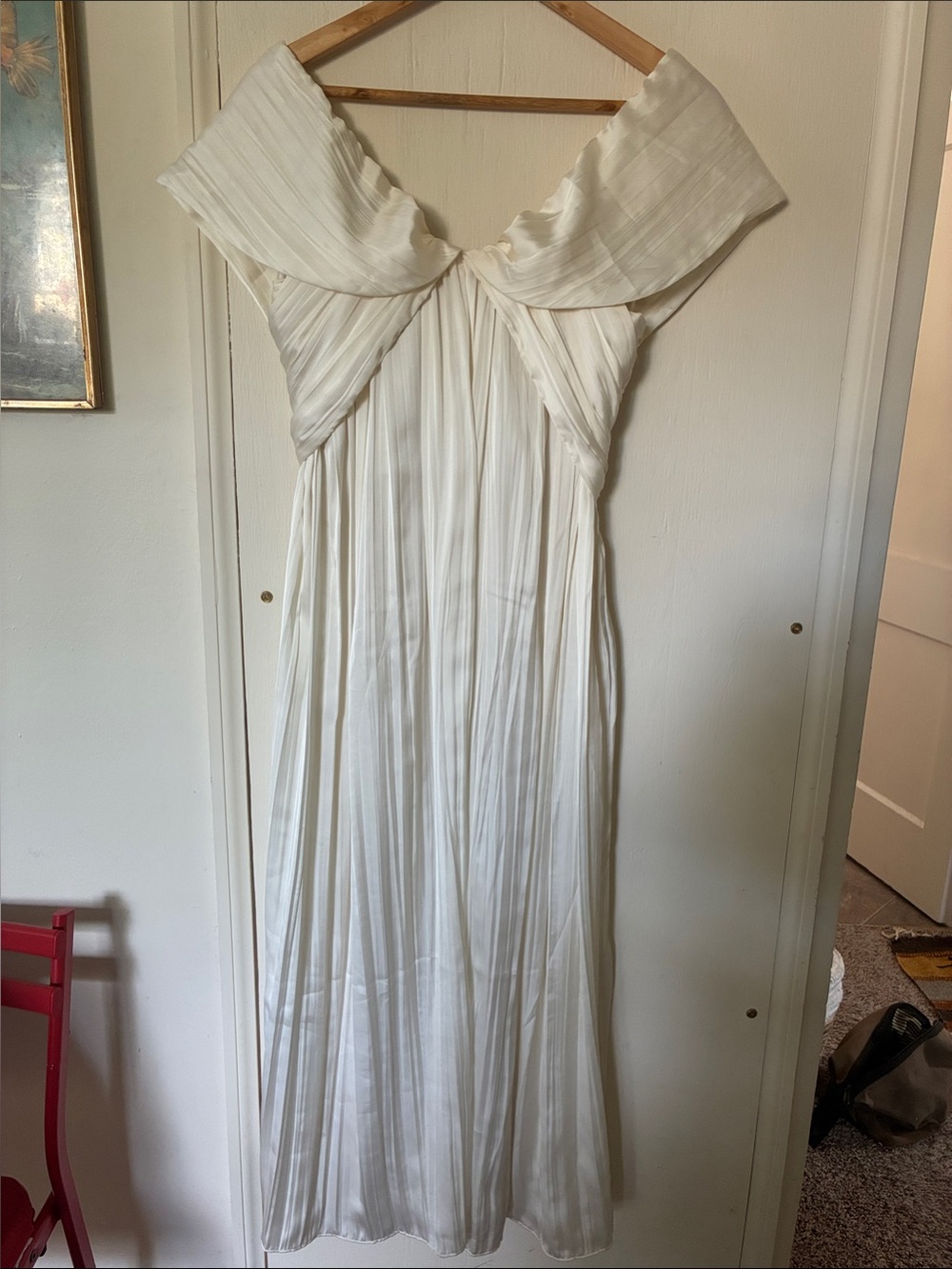 BHLDN Ivory Off-Shoulder Pleated Maxi Dress